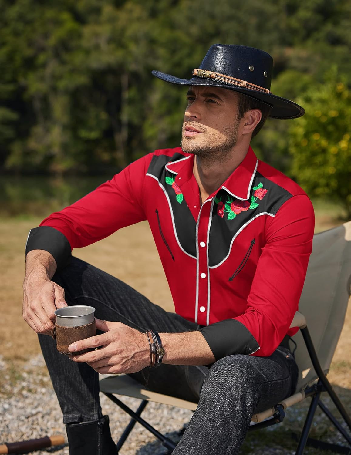 Men'S Western Cowboy Shirt Long Sleeve Slim Fit Rose Embroidered Cotton Casual Button down Shirts