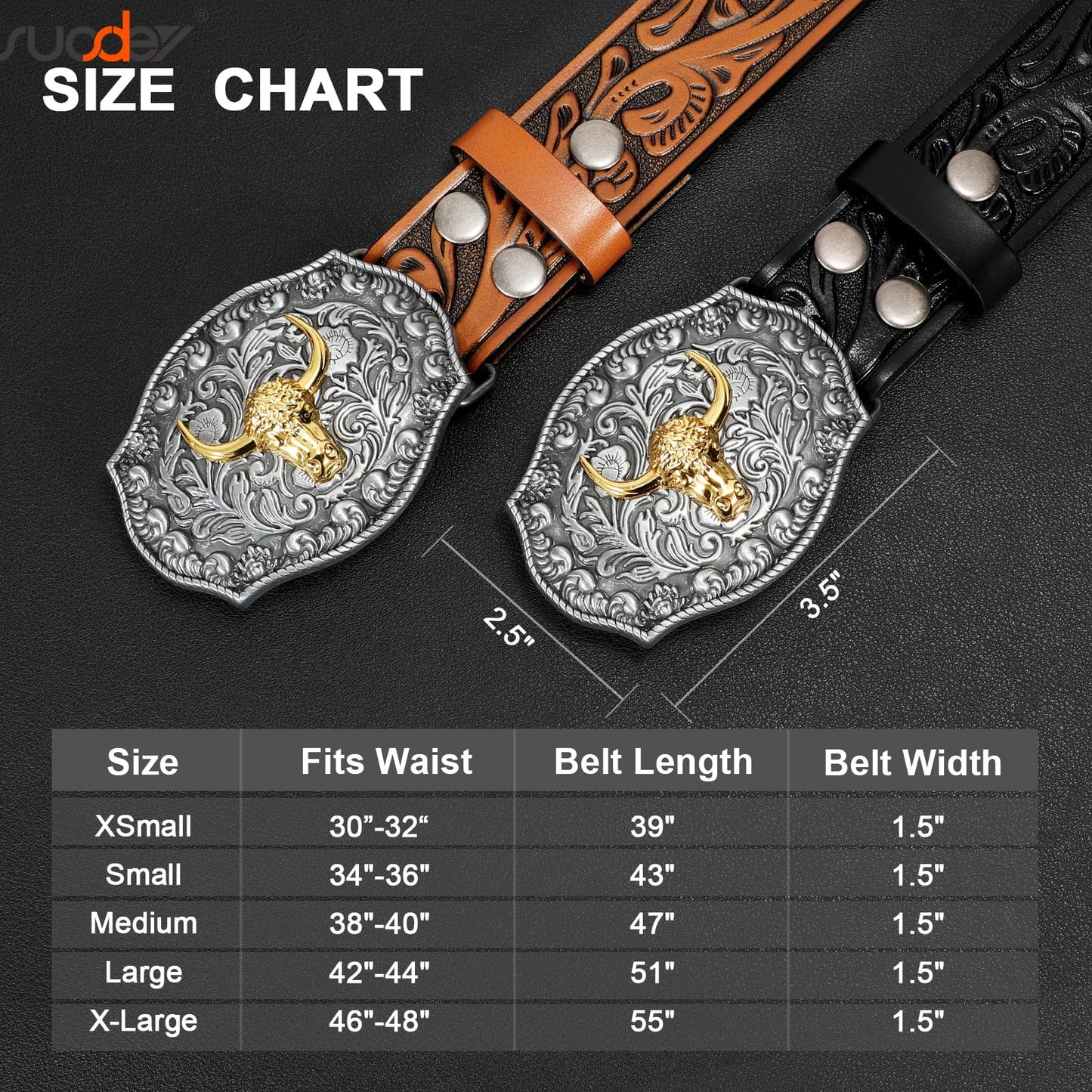 Western Belts for Men Women,Cowboy Cowgirl Belts with Longhorn Bull Buckle Floral Embossed Belt