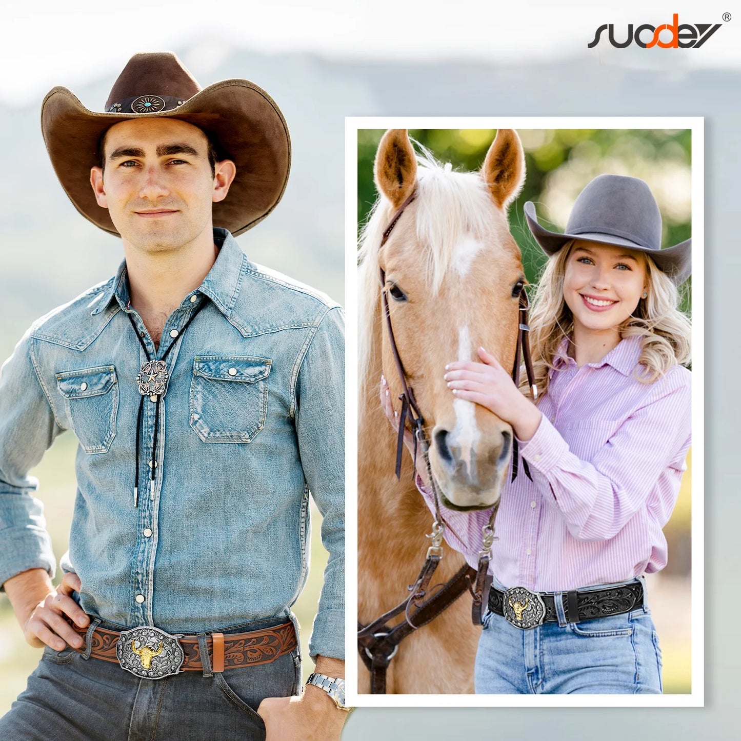 Western Belts for Men Women,Cowboy Cowgirl Belts with Longhorn Bull Buckle Floral Embossed Belt