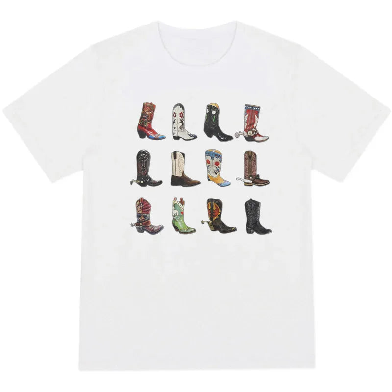 Boot Western T-Shirt Women T Shirt Summer Loose Vintage Boho Texas T Shirt Cowgirl Cowboy Cute Graphic Tees Hippie Tshirts Retro