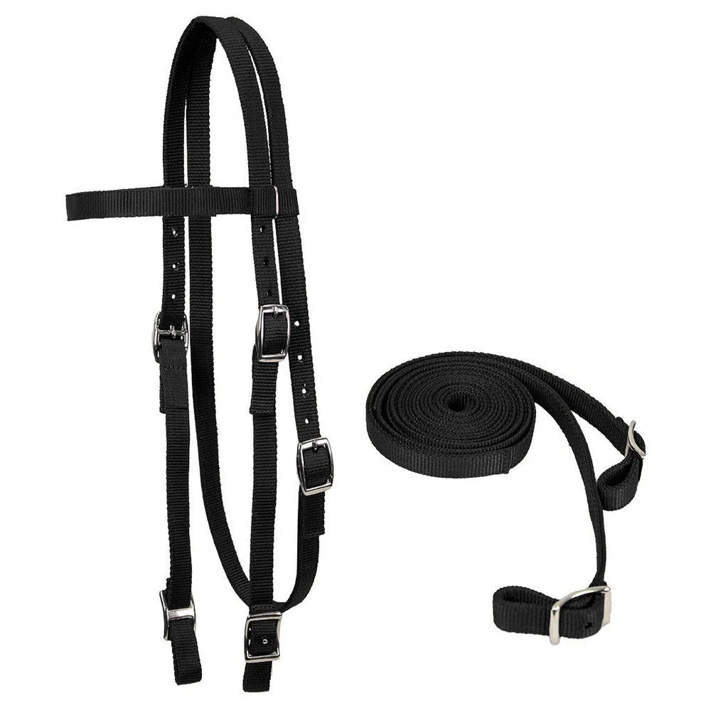 Double Layered Nylon Western Headstall with Matching Split Reins