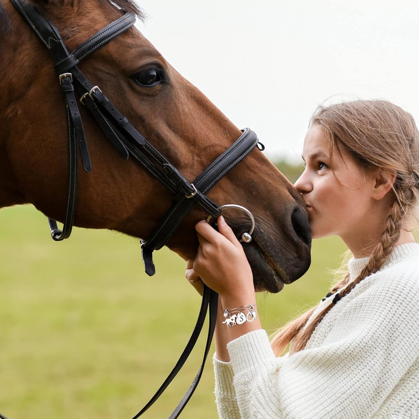 Horse Gifts for Girls - 14K White/Rose Gold Plated Stainless Steel Bracelets | Initial Heart Pearl Horseshoe Bracelet | Birthday Gifts for Horse Lovers