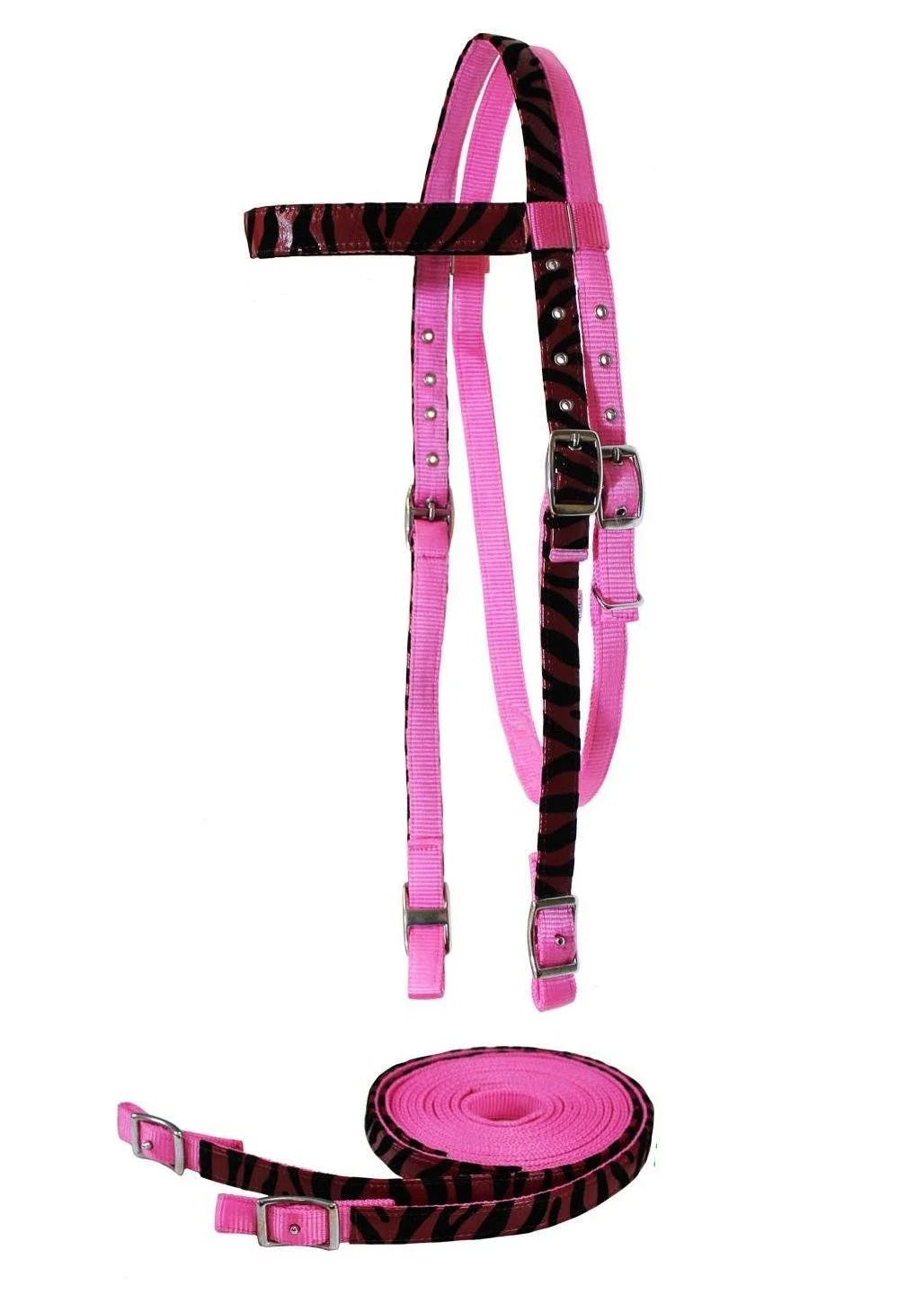 Zebra Print Overlay Nylon Western Browband Headstall with Matching Reins Full Size - White