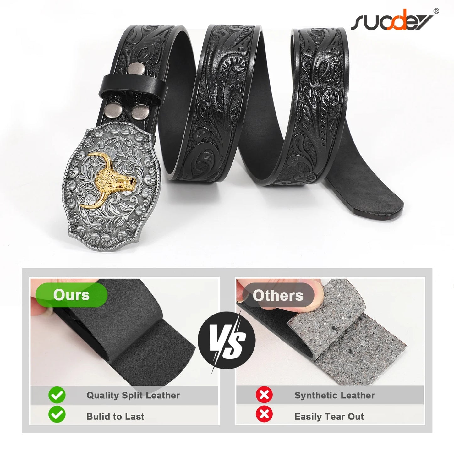 Western Belts for Men Women,Cowboy Cowgirl Belts with Longhorn Bull Buckle Floral Embossed Belt