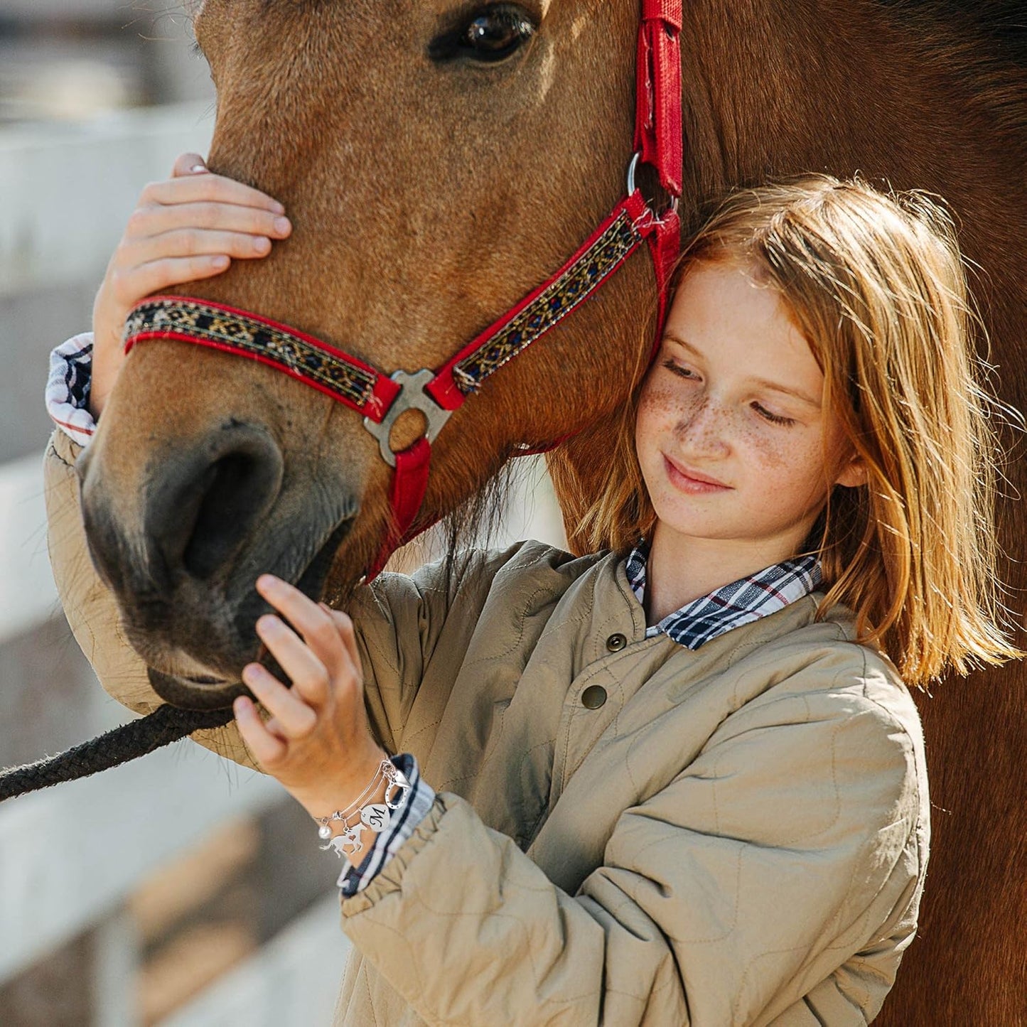 Horse Gifts for Girls - 14K White/Rose Gold Plated Stainless Steel Bracelets | Initial Heart Pearl Horseshoe Bracelet | Birthday Gifts for Horse Lovers
