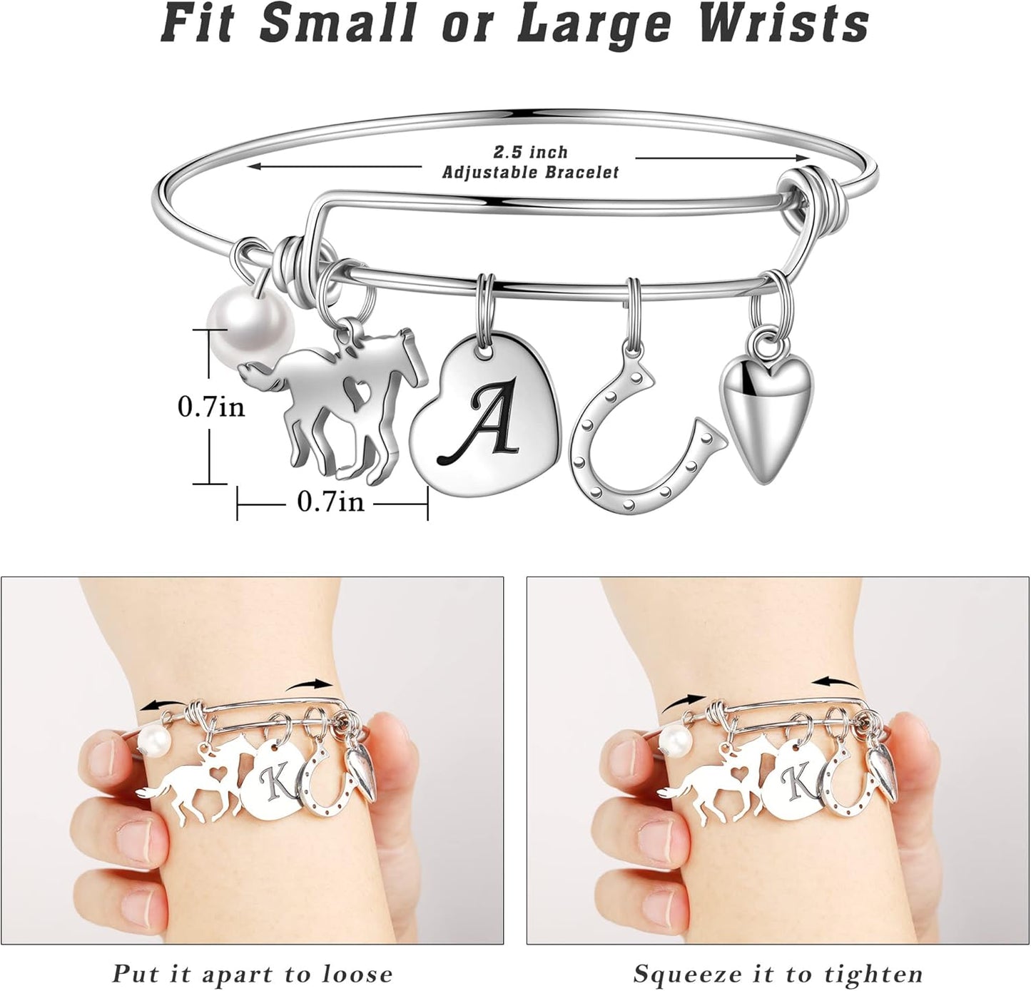 Horse Gifts for Girls - 14K White/Rose Gold Plated Stainless Steel Bracelets | Initial Heart Pearl Horseshoe Bracelet | Birthday Gifts for Horse Lovers