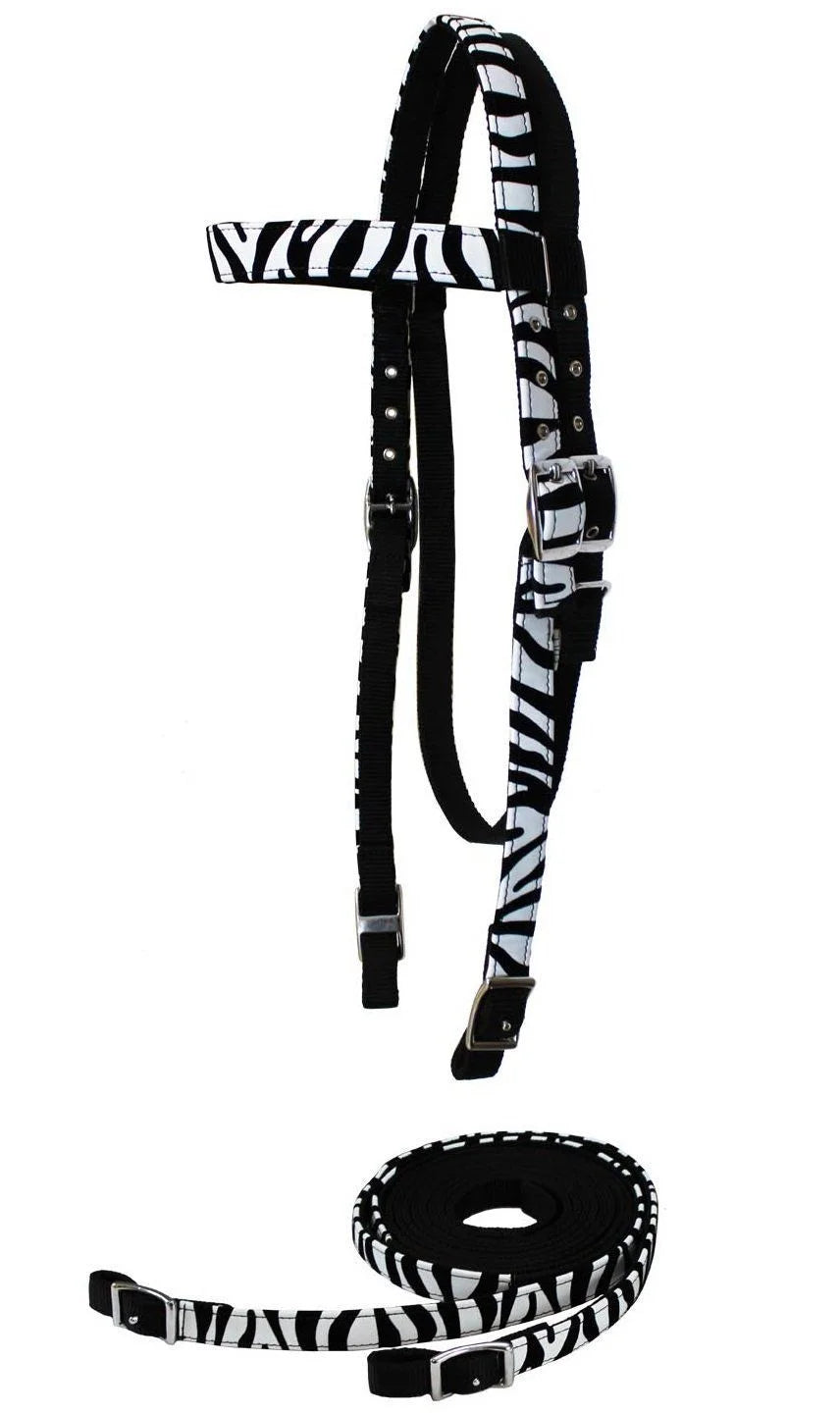 Zebra Print Overlay Nylon Western Browband Headstall with Matching Reins Full Size - White