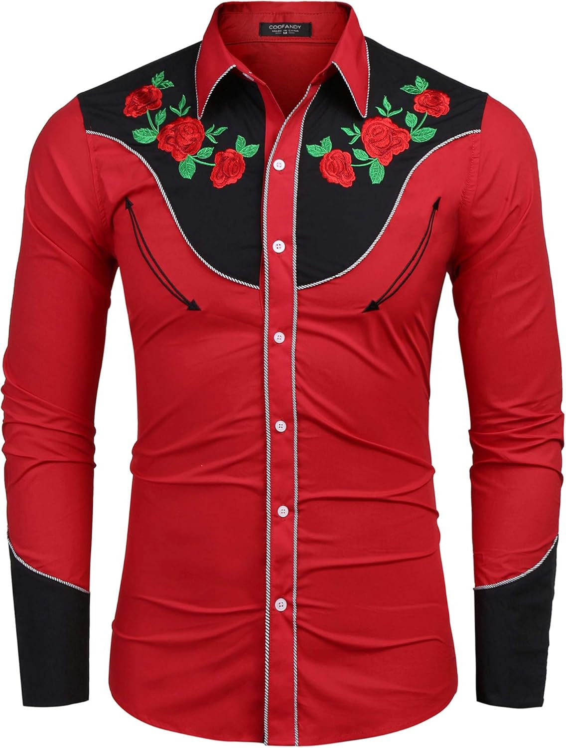 Men'S Western Cowboy Shirt Long Sleeve Slim Fit Rose Embroidered Cotton Casual Button down Shirts