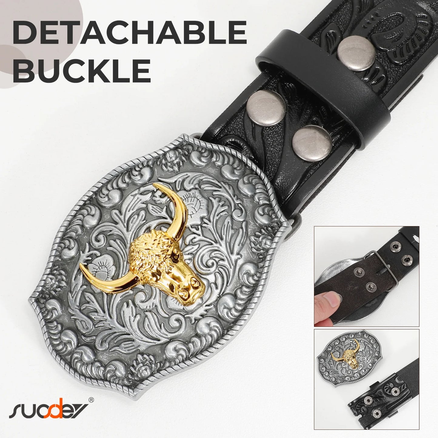 Western Belts for Men Women,Cowboy Cowgirl Belts with Longhorn Bull Buckle Floral Embossed Belt
