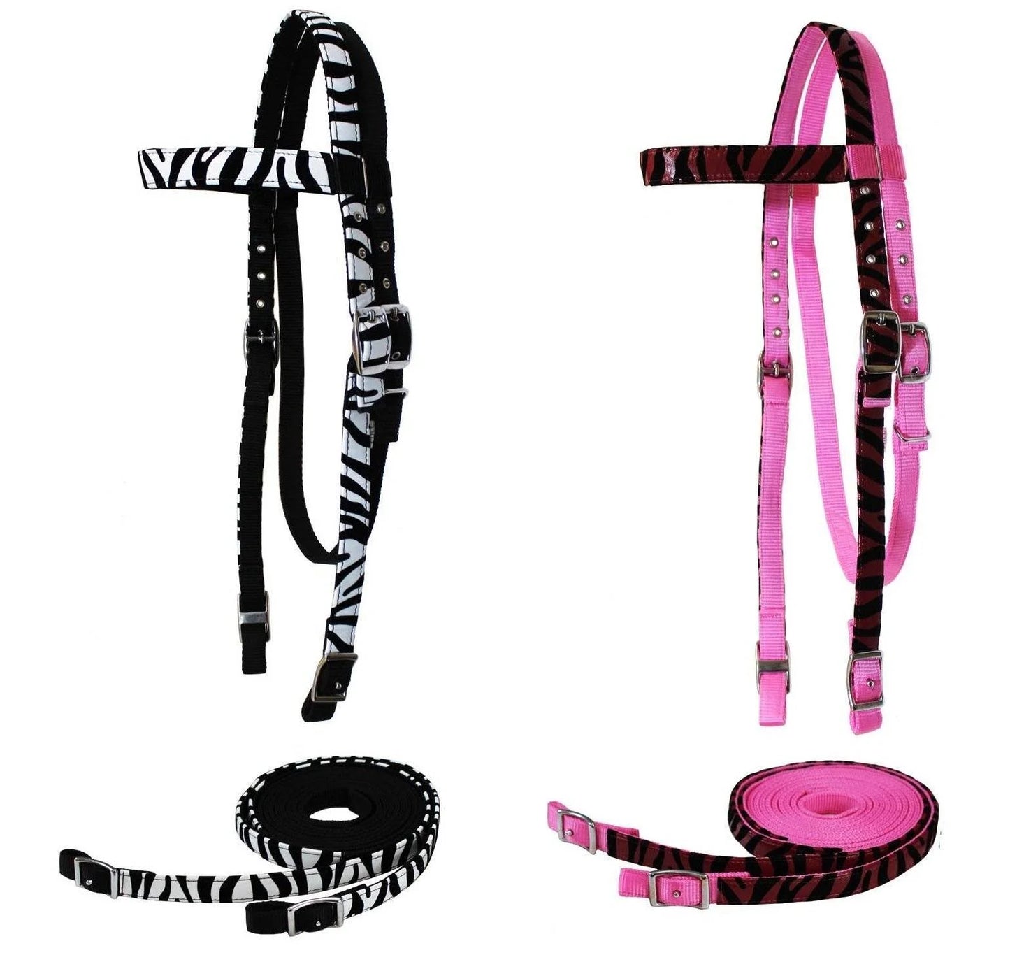 Zebra Print Overlay Nylon Western Browband Headstall with Matching Reins Full Size - White