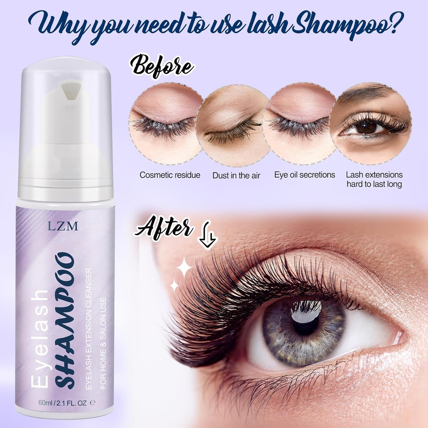 Lash Shampoo Kit with Rechargeable Lash Fan Dryer, Eyelash Extension Cleanser Foam Cleaning Kit for Wash Eyelash Extensions, with Bottle & Brush Oil Free (60Ml 2.02 Fl Oz)
