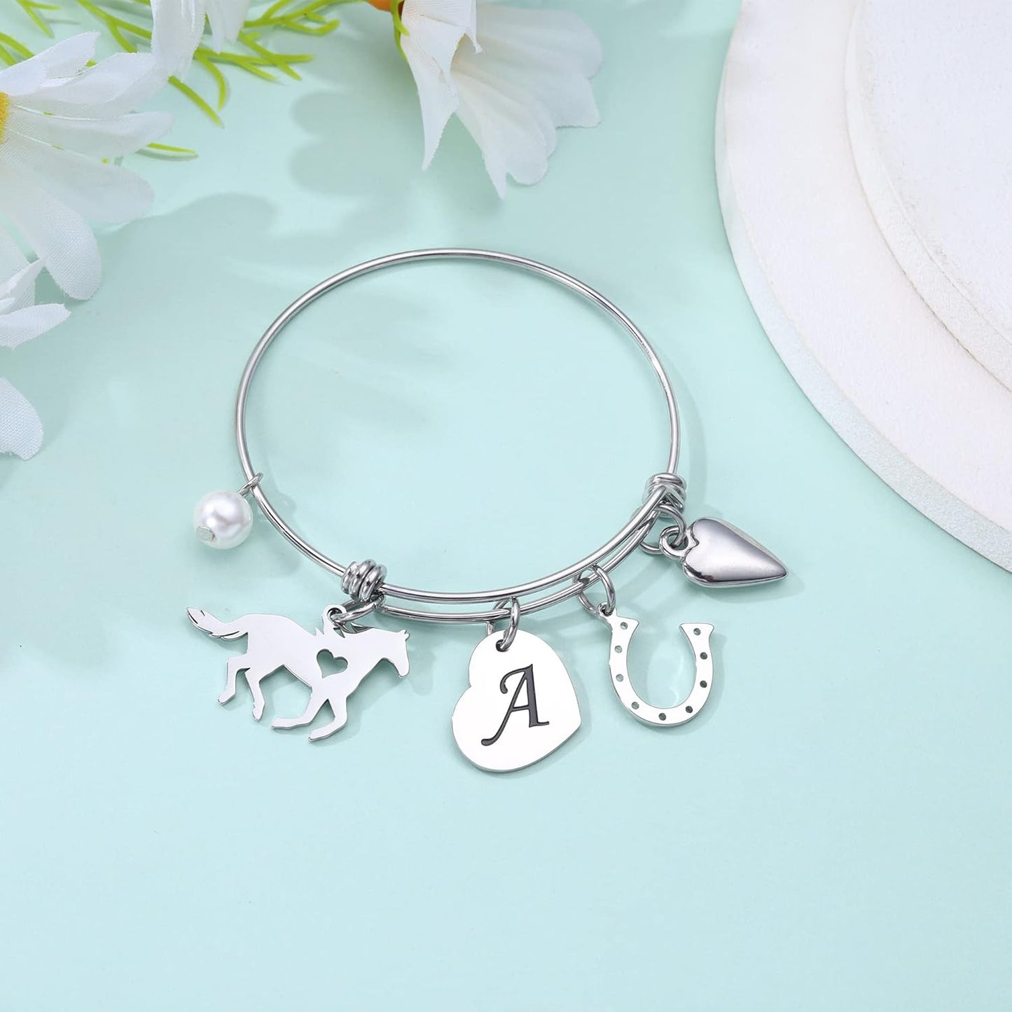 Horse Gifts for Girls - 14K White/Rose Gold Plated Stainless Steel Bracelets | Initial Heart Pearl Horseshoe Bracelet | Birthday Gifts for Horse Lovers