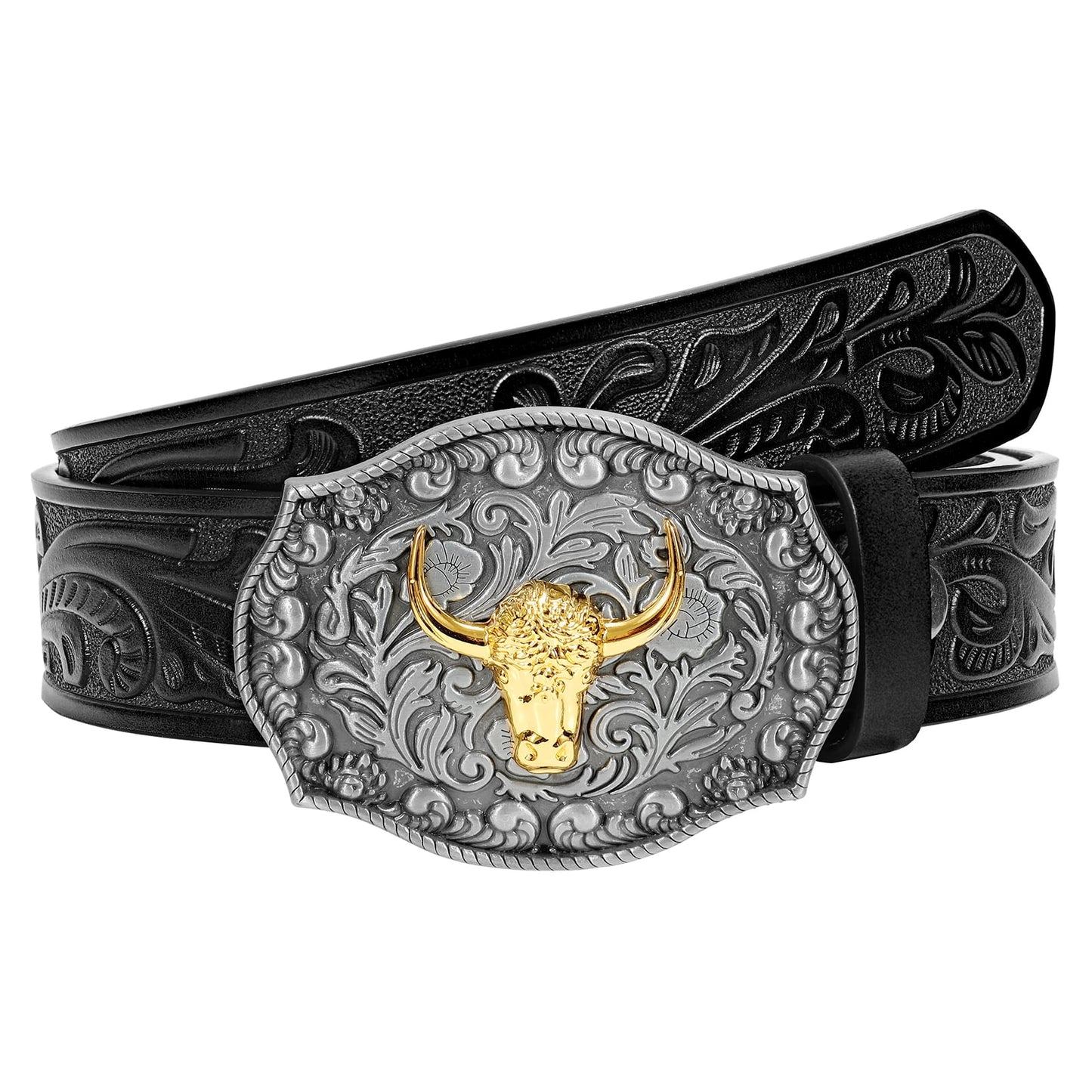 Western Belts for Men Women,Cowboy Cowgirl Belts with Longhorn Bull Buckle Floral Embossed Belt