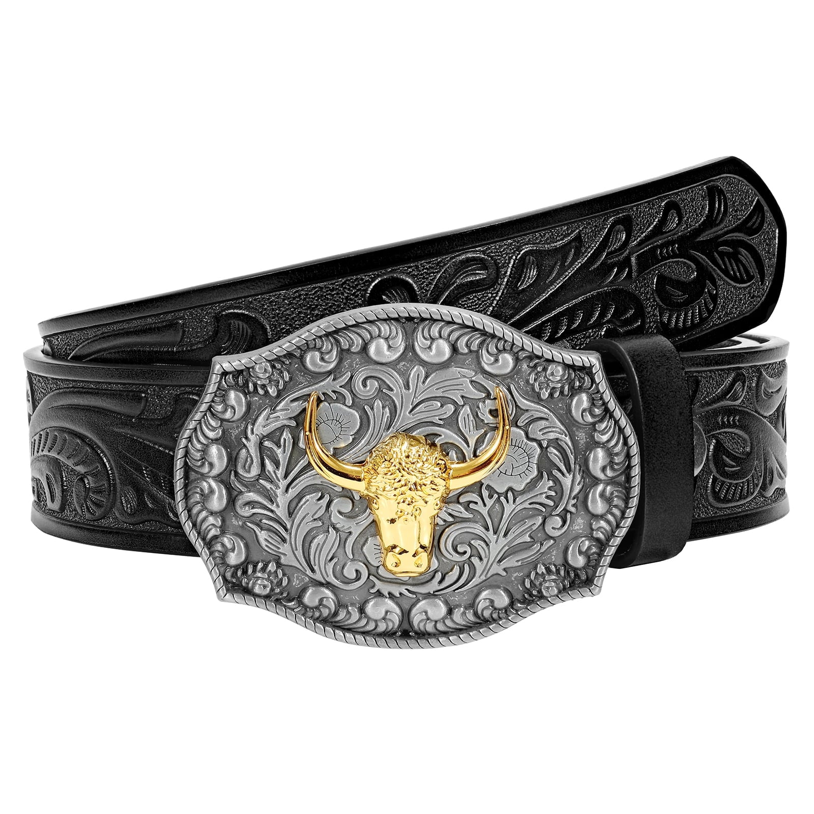 Western Belts for Men Women,Cowboy Cowgirl Belts with Longhorn Bull Buckle Floral Embossed Belt