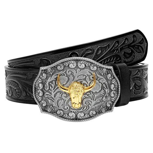Western Belts for Men Women,Cowboy Cowgirl Belts with Longhorn Bull Buckle Floral Embossed Belt