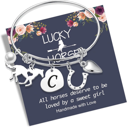 Horse Gifts for Girls - 14K White/Rose Gold Plated Stainless Steel Bracelets | Initial Heart Pearl Horseshoe Bracelet | Birthday Gifts for Horse Lovers