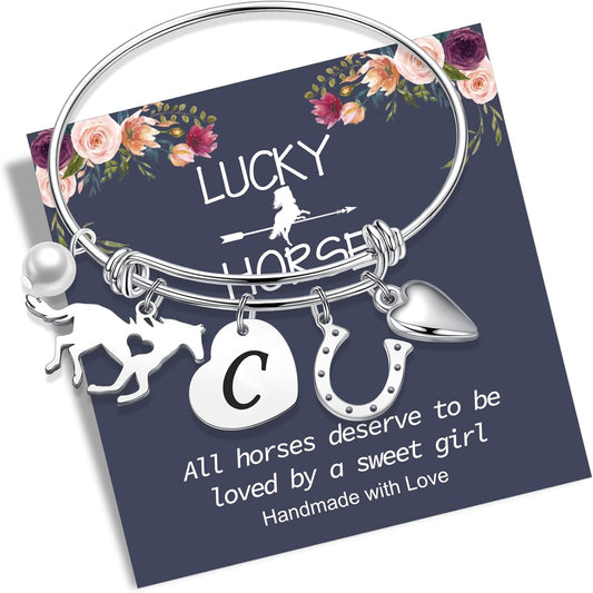 Horse Gifts for Girls - 14K White/Rose Gold Plated Stainless Steel Bracelets | Initial Heart Pearl Horseshoe Bracelet | Birthday Gifts for Horse Lovers