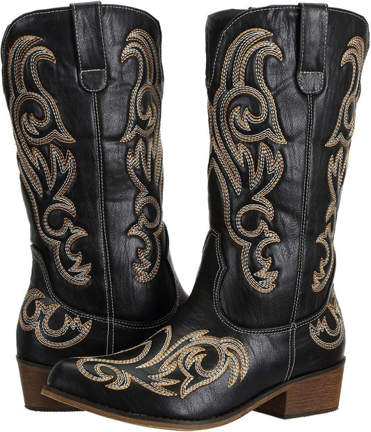 Ladies Cowboy Boots for Women Wide Calf Fashion Western Cowgirl Boots Pointy Toe
