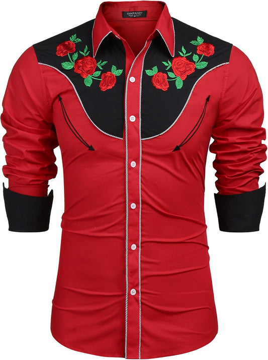 Men'S Western Cowboy Shirt Long Sleeve Slim Fit Rose Embroidered Cotton Casual Button down Shirts