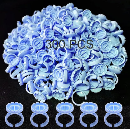 300 PCS Glue Rings for Eyelash Extension, Lash Glue Rings Eyelash Glue Holders, Disposable Glue Cups Lash Glue Holder Lash Extension Glue Ring, Lash Rings for Glue Lash Fan Blossom Glue Cups, Blue
