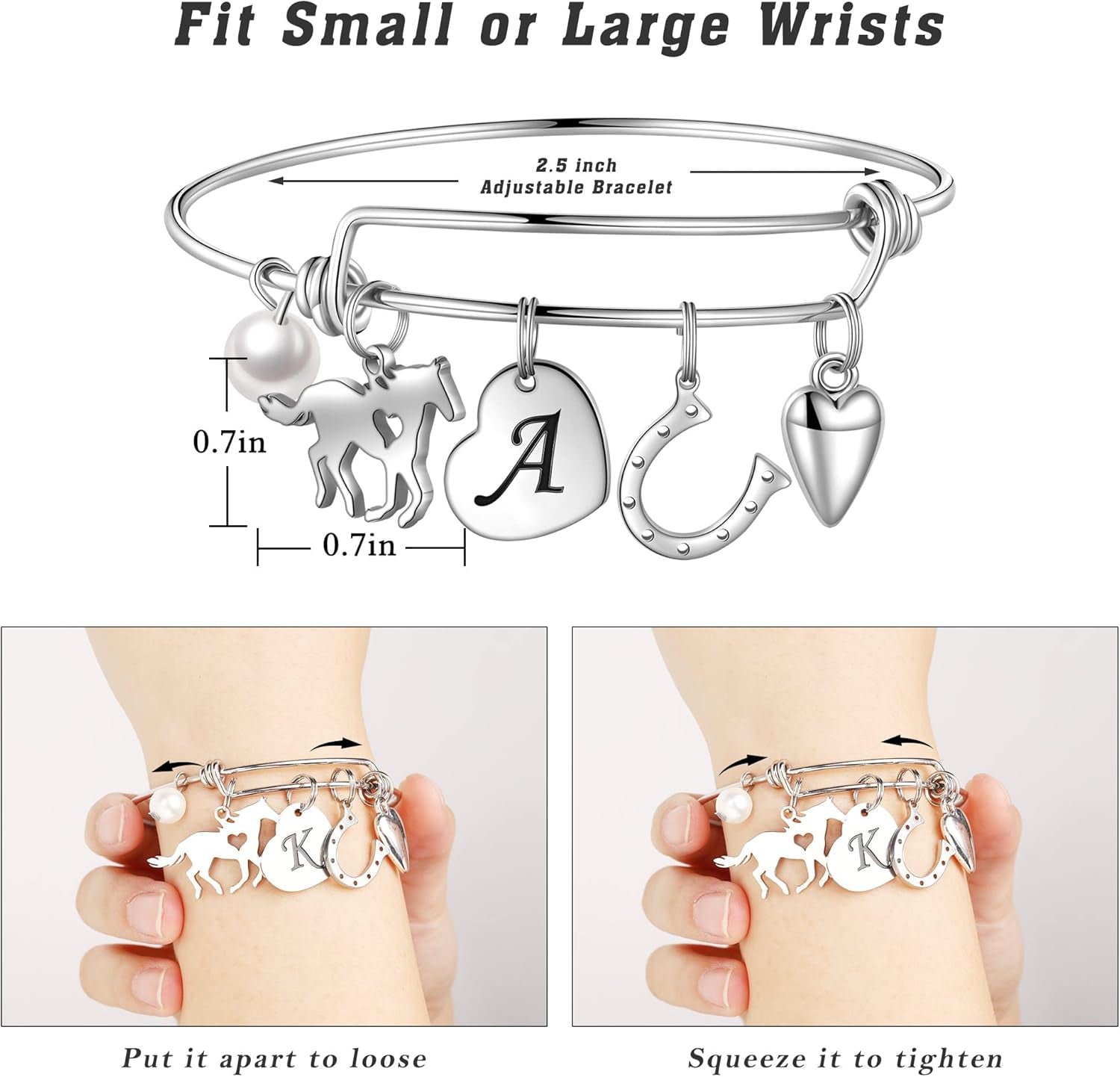 Horse Gifts for Girls - 14K White/Rose Gold Plated Stainless Steel Bracelets | Initial Heart Pearl Horseshoe Bracelet | Birthday Gifts for Horse Lovers