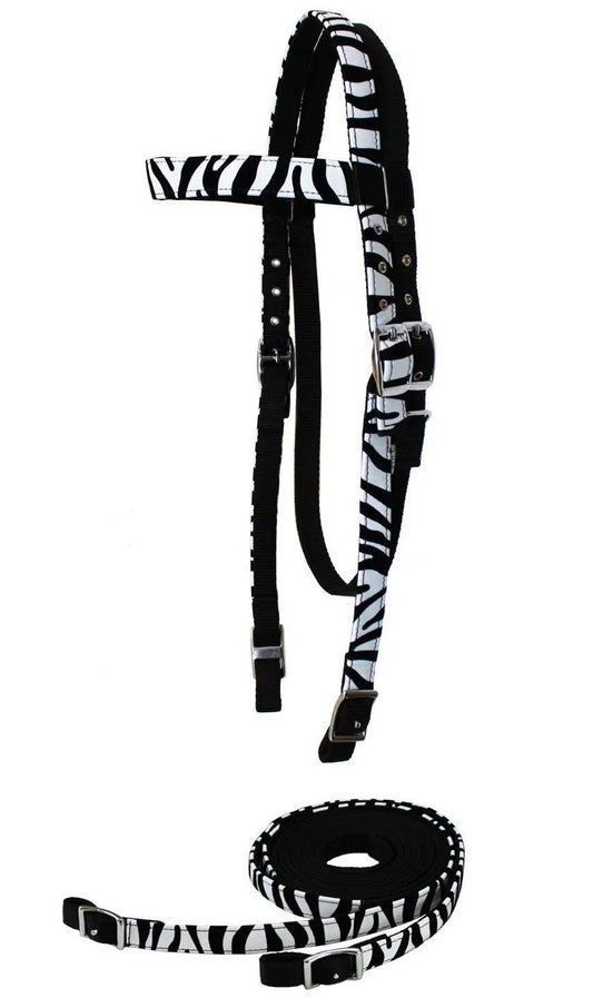 Zebra Print Overlay Nylon Western Browband Headstall with Matching Reins Full Size - White