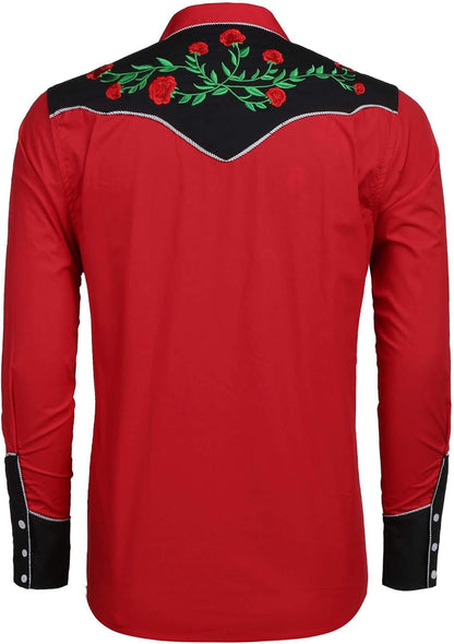 Men'S Western Cowboy Shirt Long Sleeve Slim Fit Rose Embroidered Cotton Casual Button down Shirts