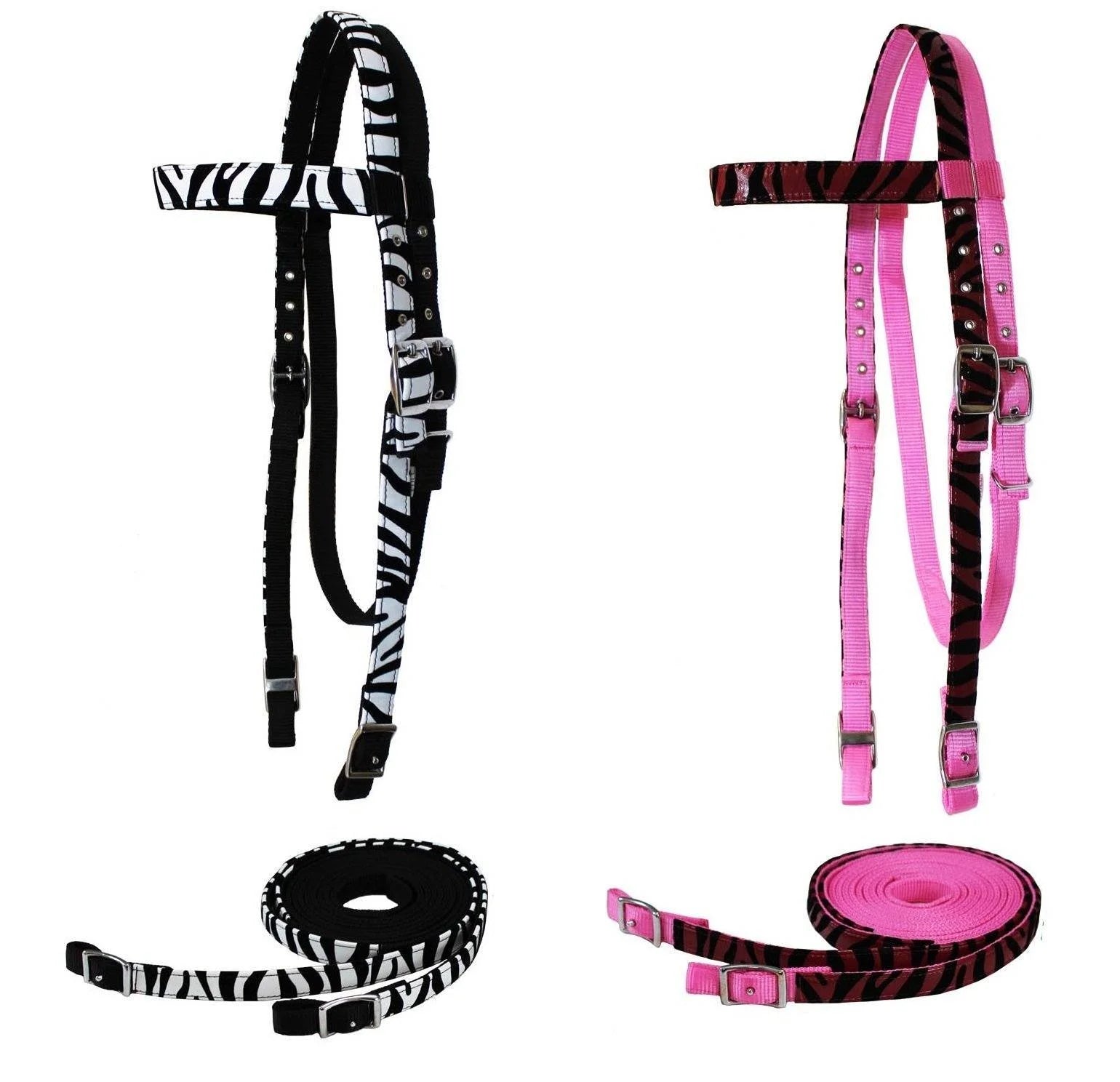 Zebra Print Overlay Nylon Western Browband Headstall with Matching Reins Full Size - White