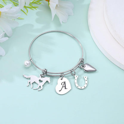 Horse Gifts for Girls - 14K White/Rose Gold Plated Stainless Steel Bracelets | Initial Heart Pearl Horseshoe Bracelet | Birthday Gifts for Horse Lovers